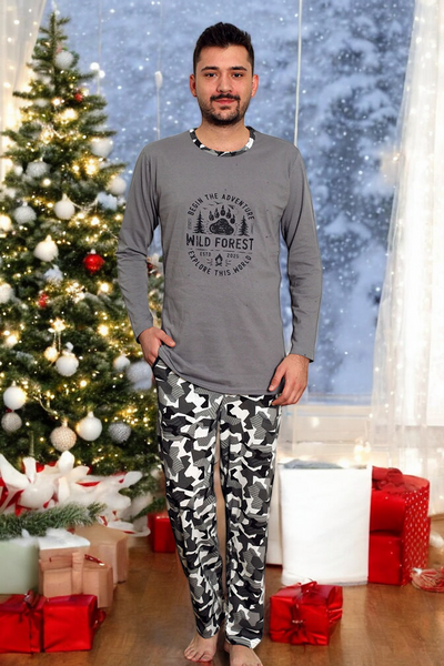 Navy blue men's pajamas with checked trousers - Clothing