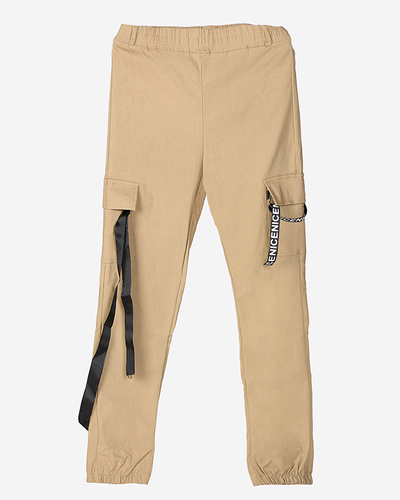 Beige women's cargo pants with a belt - Clothing