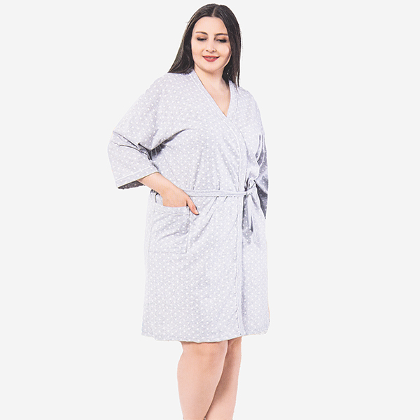 Светло-серый женский хлопковый халат в горошек PLUS SIZE - Одежда