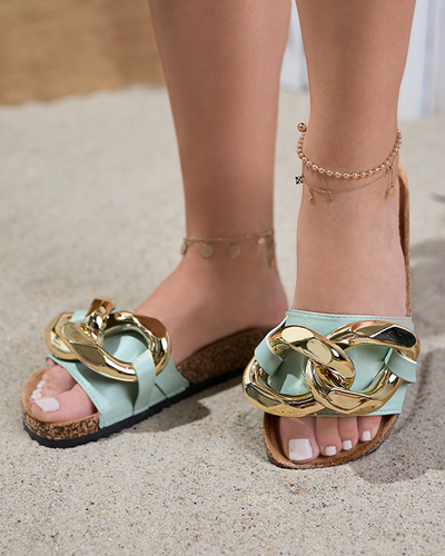 Женские сандалии Thalia Royalfashion зеленые с цепочкой на плоской подошве