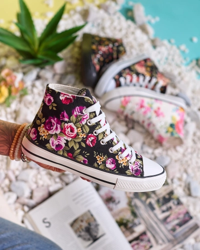 Royalfashion Naiste kõrged mustad lillemustriga tossud Soxic