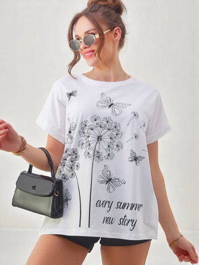 Royalfashion Women's cotton t-shirt with dandelions and a butterfly