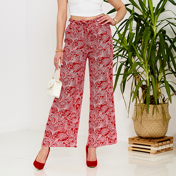 Red women's fabric pants with print- Clothing