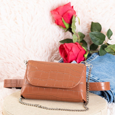 Темно-коричневая женская поясная сумка под змеиную кожу - Сумки