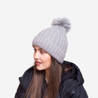 Grey women's insulated glossy beanie with pompom - Accessories