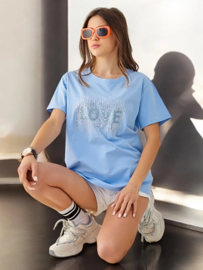 Royalfashion Женская футболка из хлопка LOVE с стразами