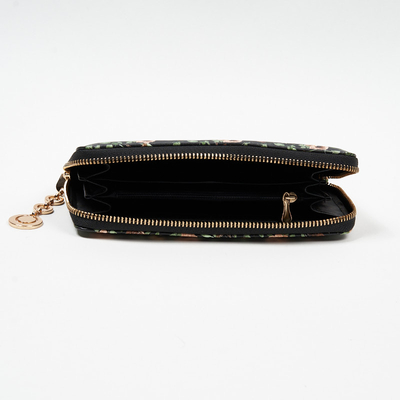 Large black women's wallet with a floral pattern - Accessories
