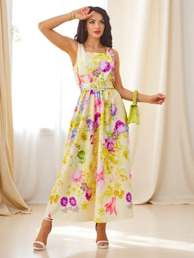 Royalfashion Women's viscose midi dress with straps, featuring a belt in various floral prints