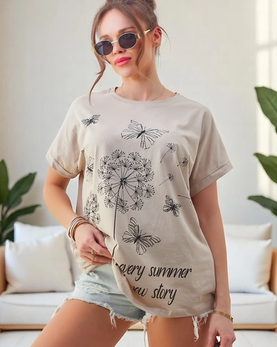 Royalfashion Women's cotton t-shirt with dandelions and a butterfly