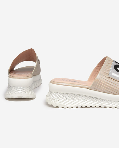 Ladies' beige shiny slippers with the words Sosha- Footwear