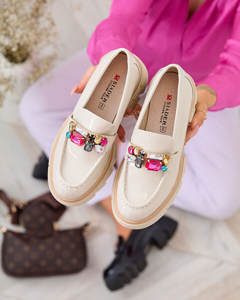 Royalfashion Лакированные кремовые мокасины с разноцветными камнями Sarin