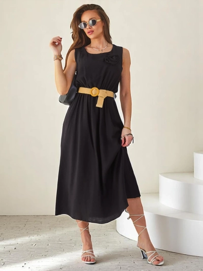 Royalfashion Women's midi dress with straps, featuring a round neckline with a decorative flower