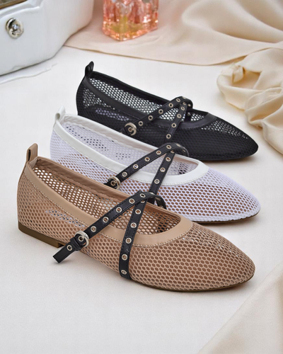 Royalfashion Calista Bianca Ballet Flats – Women's White Mesh Shoes with Black Straps