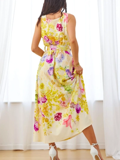 Royalfashion Women's viscose midi dress with straps, featuring a belt in various floral prints