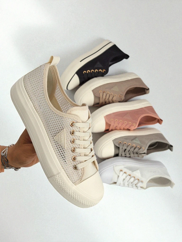 Women's Beige Callista Mesh Sneakers - Flat Heel, Summer Autumn Collection
