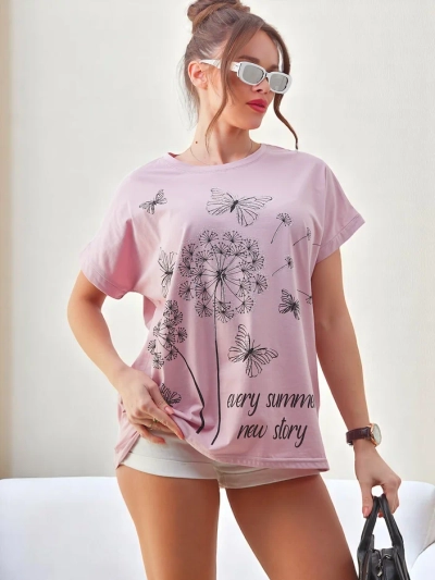 Royalfashion Women's cotton t-shirt with dandelions and a butterfly