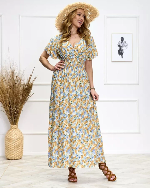 Blue and yellow women's floral midi dress - Shoes