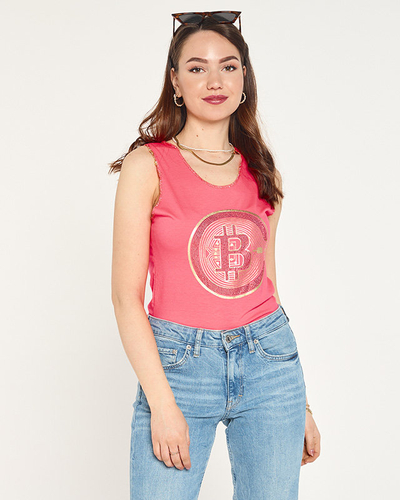 Women's top with gold print in neon pink - Clothing