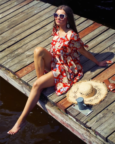 Royalfashion Red women's dress with colorful floral pattern