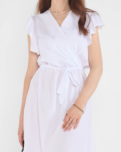 Women's white mini dress with a tie - Clothing