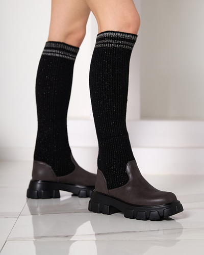 Black and brown high slip boots for women Alerpi- Footwear