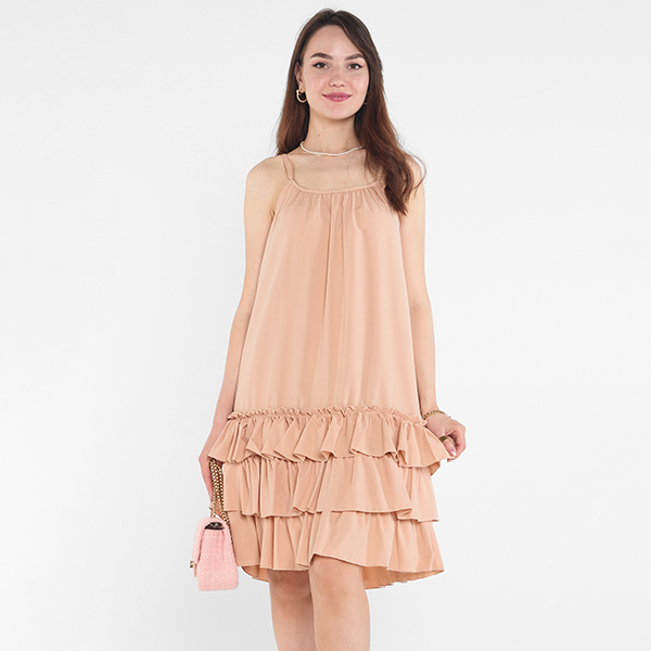 Women's camel strappy dress with frills - Clothing