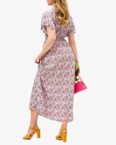 Цветочное бежевое женское платье-миди с вырезом-конвертом - Одежда