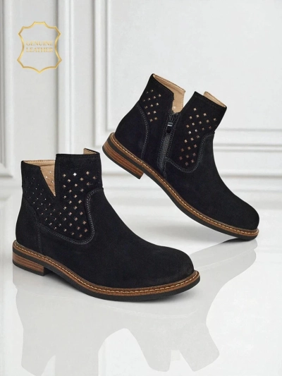 Aurelia Nero suede openwork women's ankle boots flat heel 3cm