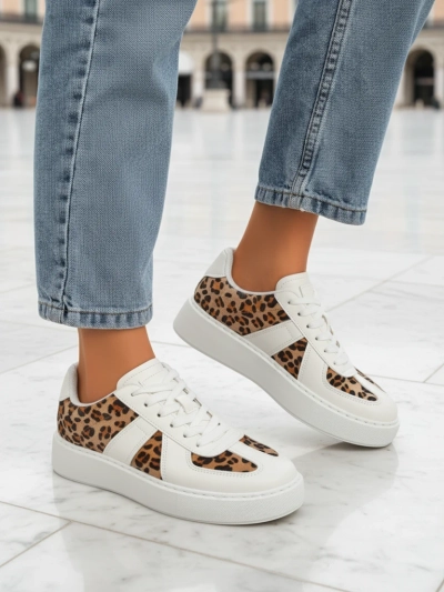 Women's Sneakers Calista Leopardia – White Eco Leather Fabric Spring 4cm