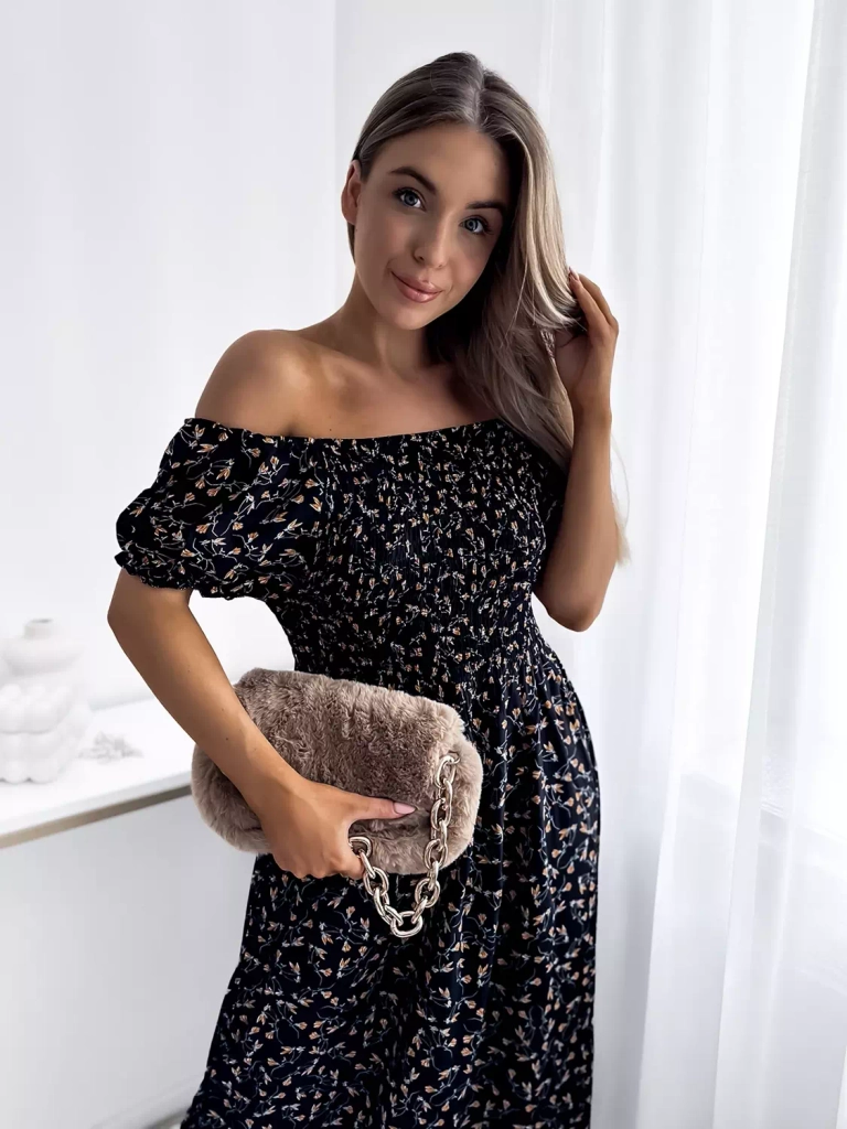 Floral black women's midi dress - Clothing