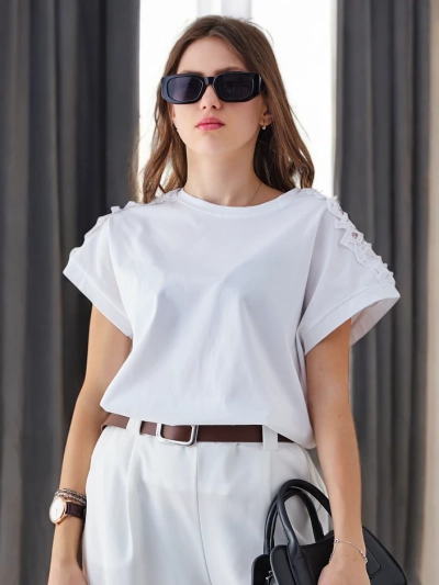 Royalfashion Naiste puuvillane T-särk pitsilised varrukad