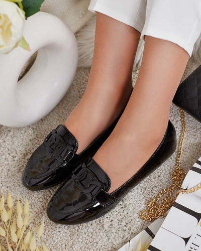 Women's lacquered moccasins with ornament in black- Footwear