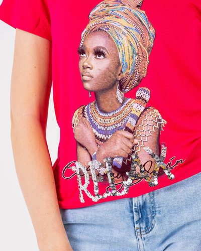 Fuksia värvilise prindi ja litritega naiste T-särk - Riietus