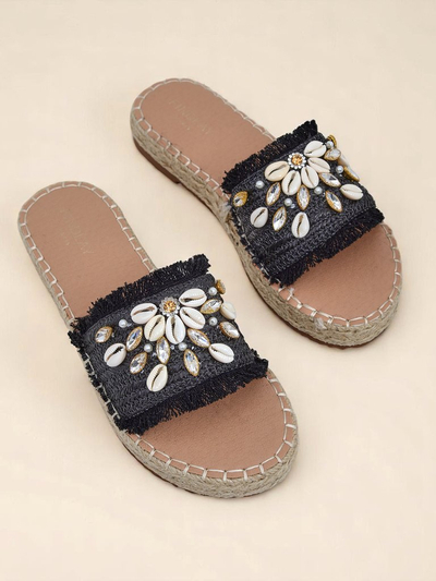 Royalfashion Helena Decor Women's Sandals Black Espadrilles with Shells