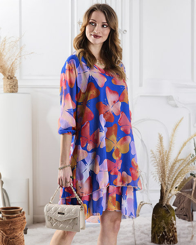 Mereväesinine naiste põlve pikkune kleit prindi ja rüüsidega - Rõivad