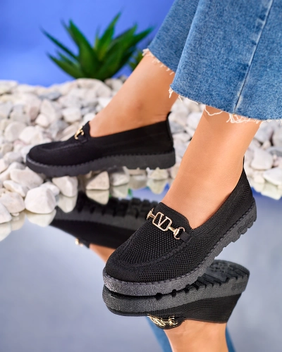 Royalfashion Mustad kuldse kaunistusega naiste kangast mokasiinid Ertica