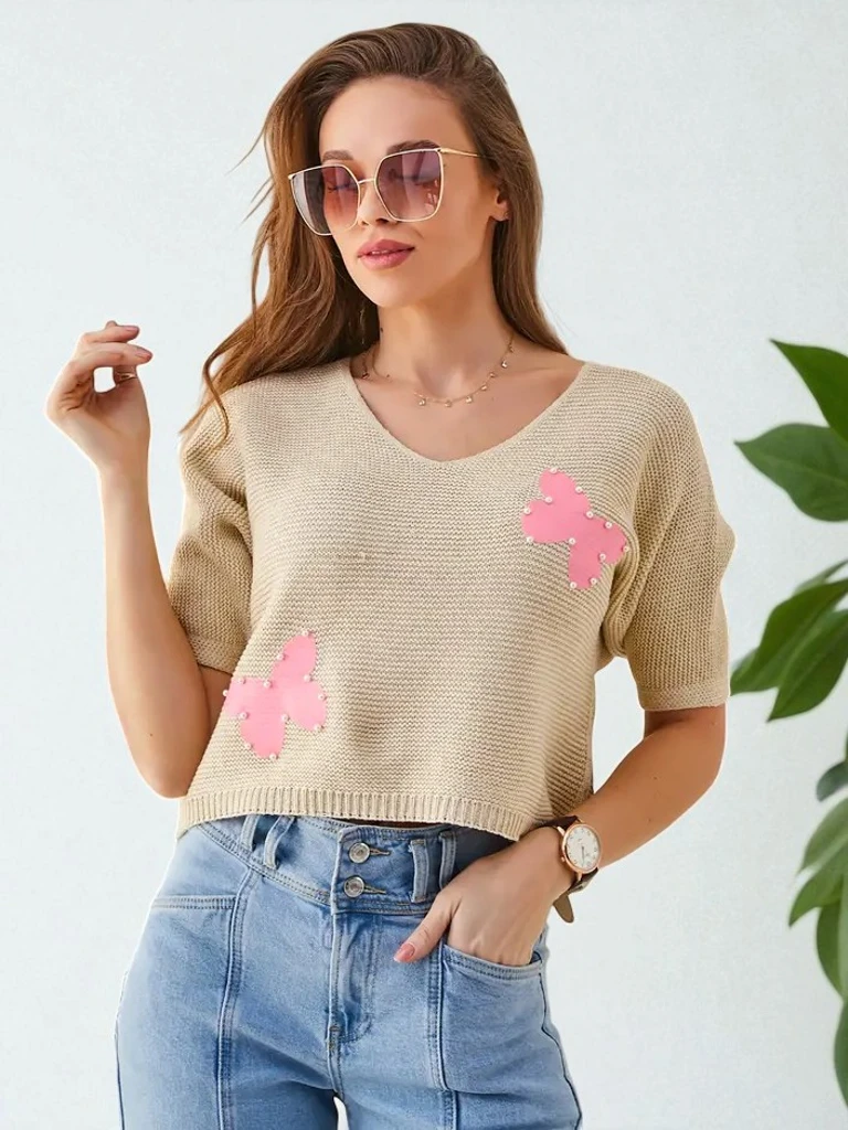 Royalfashion Naiste puuvillane lühike sviiter liblikatega