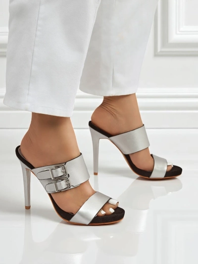 Сандалии Aletheia серебряные на шпильке 12см экологическая кожа с ремешками