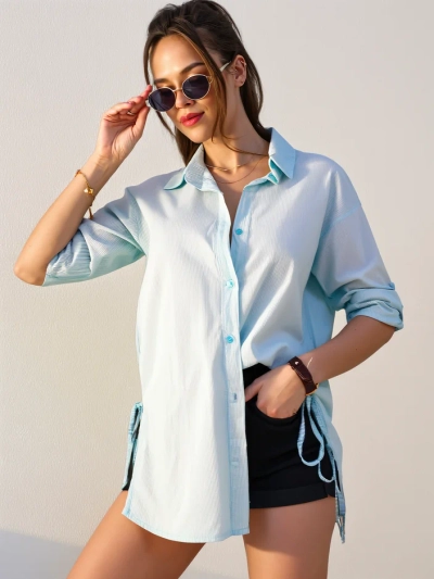 Royalfashion Women's longer cotton striped shirt with a tie at the waist