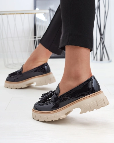 Black lacquered women's moccasins with tassels Kaipo- Footwear