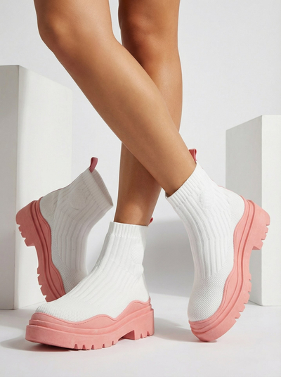 Women's boots on a thicker sole in white and pink Korlic-Shoes