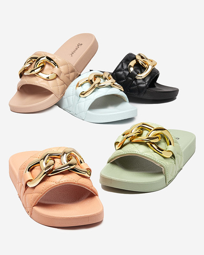 OUTLET Blue women's quilted slippers with a gold chain Eteris - Footwear