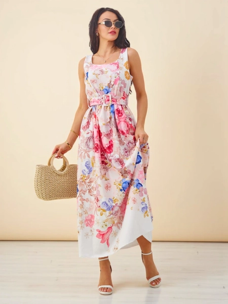Royalfashion Women's viscose midi dress with straps, with a belt in various flowers