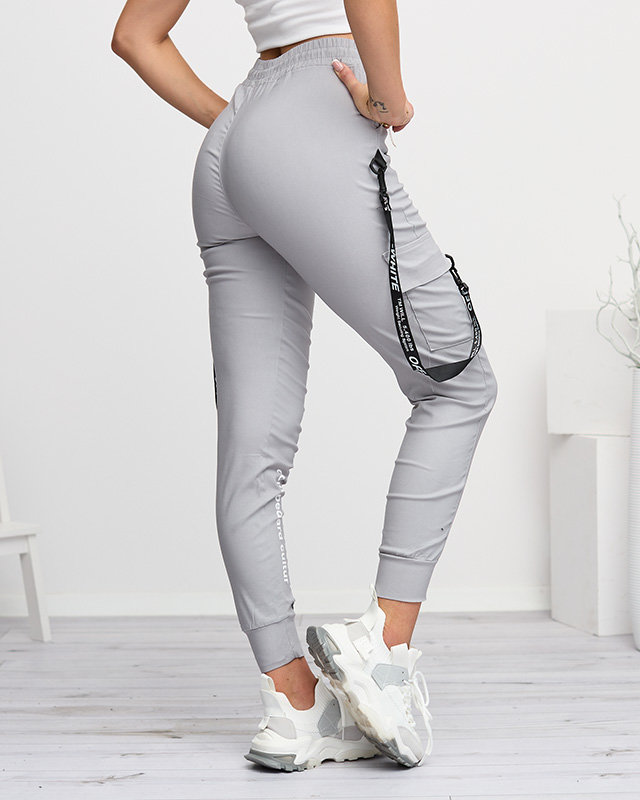 Gray women's cargo pants with inscriptions - Clothing