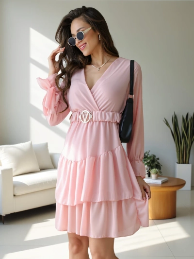 Royalfashion Naiste mini kleit volangidega ja risti kaelusega