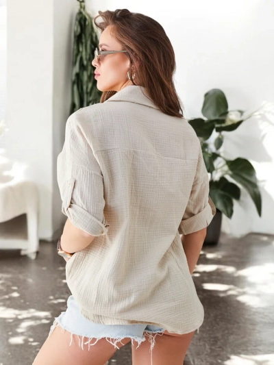 Royalfashion Cotton women's shirt with embossing, V-neck, and 3/4 sleeves