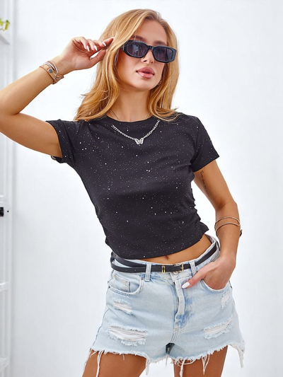 Royalfashion Women's cotton t-shirt with side gathers, chain detail and glitter