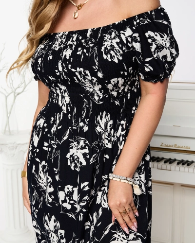Black women's midi dress with floral pattern - Clothing