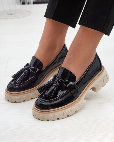 Black lacquered women's moccasins with tassels Kaipo- Footwear