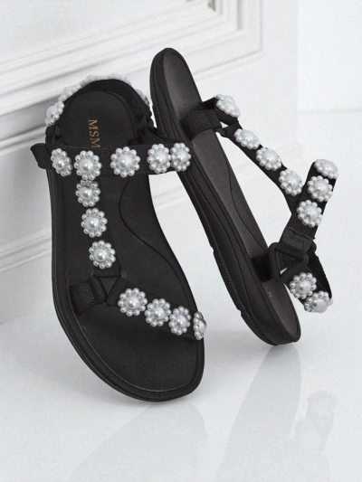 Royalfashion Perseida women's black platform sandals with pearls